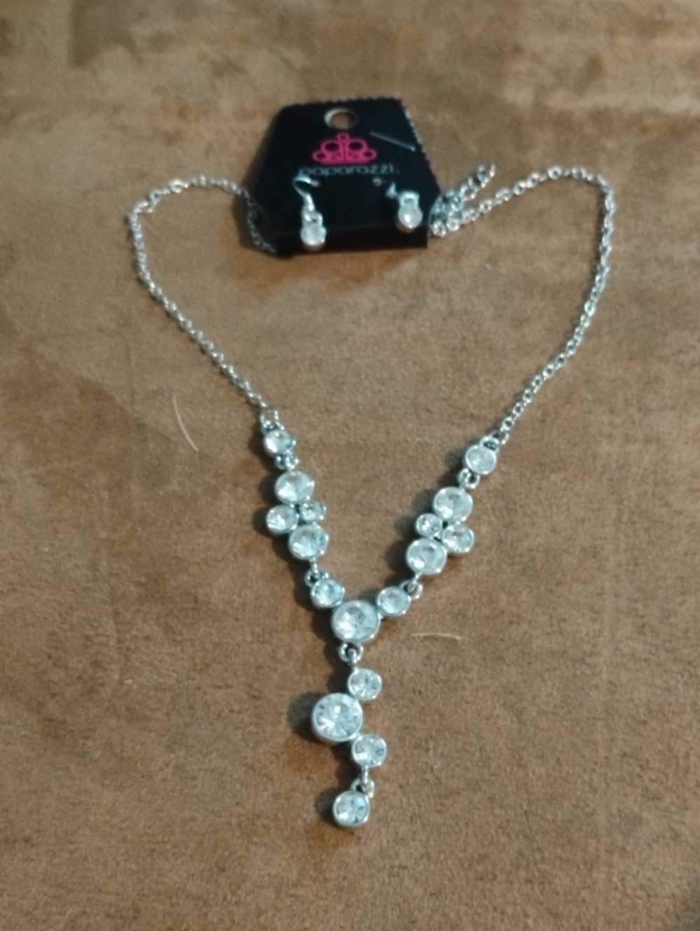 paparazzi Silver Clear Crystal Y-Style Necklace with Matching Studs